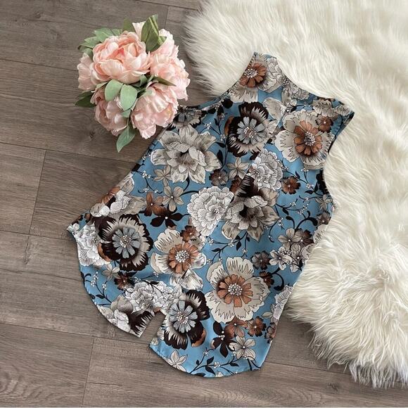 Anthropologie Sanctuary Floral Blue & Brown Button Down Blouse S - Picture 4 of 7